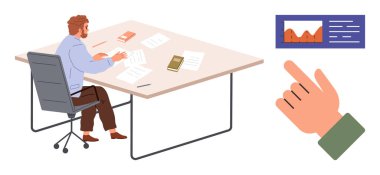 Masa başında çalışan bir adam, kağıtları ve kitapları gözden geçiriyor. İnteraktif el, veri görselleştirmesini seçiyor. Analiz, iş stratejisi, üretkenlik, araştırma, teknoloji, iletişim, yönetim için ideal