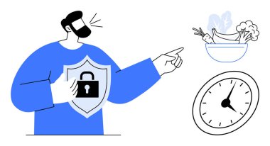 Elinde kilit sembolü olan bir adam, saatin yakınındaki meyve ve sebzelere işaret ediyor. Sağlık, güvenlik, zaman, diyet, sağlık, yaşam tarzı planlama dengeli yaşam için idealdir. Basit düz metafor