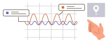 Kırmızı ve mavi sinüsoidal veri çizgileri olan grafikler, not kutuları, işaretleyici hareketler, yer işaretleyiciler. Analiz, geri bildirim, istatistik, navigasyon ve karar verme için idealdir.