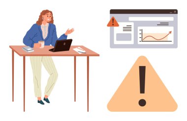 Dizüstü bilgisayarı ve kahvesi olan kendine güvenen bir kadın ekrandaki grafikleri alarm simgeleriyle analiz ediyor. İş, teknoloji, sorun çözme, veri analizi, problem çözme, uyarı, basit düz konum