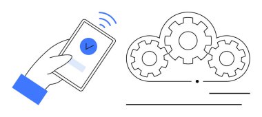 El ele tutuşan akıllı telefon işaretli sinyal ve bağlı bulut vitesleri. Teknoloji, veri senkronizasyonu, otomasyon, yenilik, bulut hesaplama, takım çalışması, iş akışı yönetimi için ideal