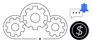 Çarkları birbirine kenetlenmiş bulut, konuşma balonu, çan alarmı ve dolar işareti. Teknoloji, otomasyon, mali yönetim, iletişim sistemleri, üretkenlik araçları bildirimleri için ideal