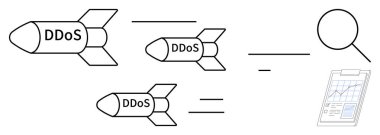 Üzerinde DDoS yazan füzeler büyüteç ve analiz tablosuna doğru koşuyor. Siber güvenlik, ağ koruması, veri analizi, çevrimiçi tehditler, bilişim güvenliği, dijital savunma için ideal