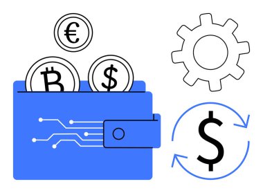 İçinde Bitcoin, Euro ve Dollar bozukluklar olan cüzdan, teçhizat temsil etme süreci, dolar işaretli döviz değişimi. Fintech, kripto para birimi, işlem, değişim finans süreci teknolojisi için ideal