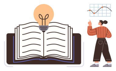 Üzerinde parlayan bir ampul ve büyüme grafiğini gösteren bir kadın olan açık bir kitap. Eğitim, yenilik, öğrenme, strateji, problem çözme, araştırma ve yaratıcılık için idealdir. Basit düz