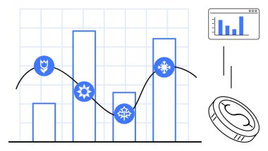 Mevsimsel simgeler, trend çizgisi ve para birimi parasının yer aldığı bar grafiği finansal analizleri, pazar eğilimlerini ve mevsimlik analizleri vurguluyor. İş raporları, tahminler, veriler, yatırım ticareti için ideal
