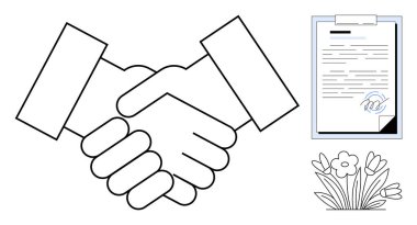 Anlaşmayı simgeleyen tokalaşma, bağlılık sözleşmesi ve ahengi temsil eden çiçekler. Takım çalışması, işbirliği, eko-ortaklık, anlaşmalar, dürüstlük, müzakere birliği için ideal