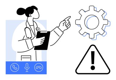 Dişli düzeneğine, ünlem uyarı sembolüne ve iletişim simgelerine işaret eden panosu olan bir doktor. Sağlık teknolojisi, sorun giderme, teletıp, sistem güncellemeleri, süreçler, uyarılar için ideal