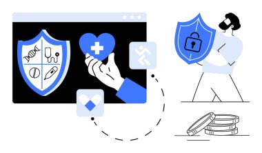 Tıbbi simgelerle el ele tutuşan kalkan ve kalp, güvenlik kalkanı, bozuk para ve bağlantı olan adam. Sağlık, teknoloji, mali güvenlik, veri koruması, sigorta teletıp modern