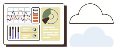 Veri depolama ve analizi sembolize eden grafikler, grafikler ve bulut simgesi içeren analitik gösterge paneli. İş, teknoloji, bulut hesaplama, analitik, pazarlama, iş akışı ve sunum için ideal