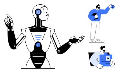 Gelecekçi insansı robot, teknoloji ve eğitim araçlarıyla işbirliği yapan iki adamla birlikte hareket ediyor. Yapay zeka, yenilik, takım çalışması, eğitim, teknoloji entegrasyonu, yaratıcı süreçler, basit