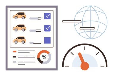 Araç karşılaştırma şeması, metrik, küresel bağlantı çizgileri ve hız göstergesi. Derecelendirme, analiz, performans verileri, otomotiv teknolojisi, küresel hareketlilik, verimlilik için ideal