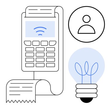 Ödeme terminali çıkış makbuzu, müşteri profili simgesi, yeniliği sembolize eden ampul. Finans, teknoloji, e-ticaret, yenilik, müşteri hizmetleri, girişimcilik için ideal düz metafor