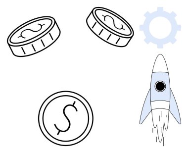 Roketin kalkması gelişimi simgeliyor, paralar yatırımı simgeliyor, dişliler gelişimi simgeliyor. Finans, başlangıç finansmanı, yenilik, büyüme, teknoloji ve girişimcilik için ideal