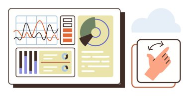 Bir jest kontrol sembolü ve bulut simgesinin yanında grafikler, grafikler ve bilgi grafikleri içeren veri paneli. Teknoloji, analitik, veri görselleştirme, bulut hesaplama, kullanıcı etkileşimi için ideal