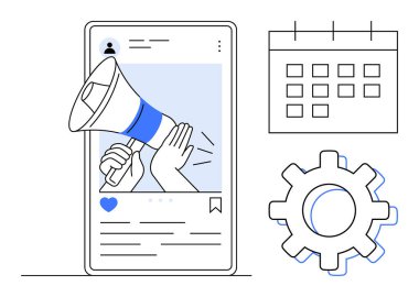 Mobil ekrandaki megafon terfiyi simgeler, takvim zamanlamayı gösterir, teçhizat operasyonel stratejiyi temsil eder. Pazarlama, markalaşma, planlama, promosyon, programlama, sosyal medya için ideal