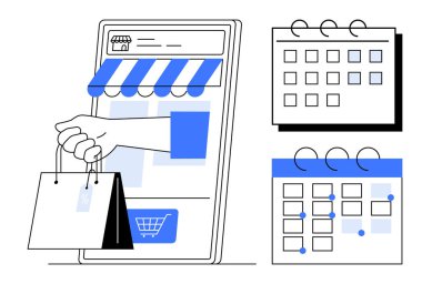 Cep telefonunda dijital mağaza önü, alışveriş torbaları ve iki takvim sıralamayı temsil ediyor. E-ticaret, perakende, lojistik, zaman yönetimi, dağıtım planlaması, pazarlama stratejisi için ideal