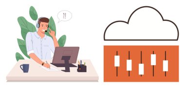 Masasında kulaklıklı ve bilgisayar destekli müşterileri olan bir adam, bulut ve veri kontrol arayüzü eşliğinde. Destek, teknoloji, bağlantı, uzaktan çalışma, verimlilik, hizmet, takım çalışması için ideal