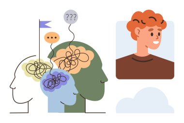 Karışık çizgileri olan kafa hatları düşünceleri, soruları, yaratıcılığı, duyguları ve beyin fırtınasını çağrıştırıyor. Portre berraklığı simgeler. Büyüme, öğrenme, zihinsel sağlık yaratıcılığı için ideal