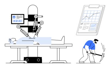 Robot sistem ameliyat yapıyor, analitikle rapor veriyor ve kazmayla işçi madenciliği yapıyor. Yenilik, teknoloji, sağlık, el emeği, otomasyon gelişimi için idealdir. Basit düz