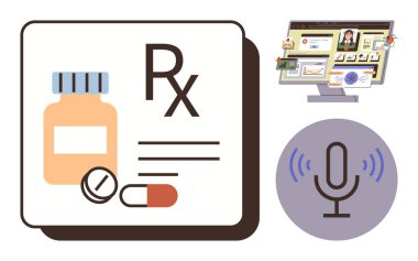 İlaç şişesi, haplar, reçete ikonu, online danışma ekranı, mikrofon sembolü. Teletıp, sanal bakım, e-reçeteler, çevrimiçi eczane sağlık hizmetleri ve hasta desteği için ideal.