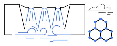 Baraj, su akıntılarını moleküler yapısı ve bulut aksanıyla bir nehre akıtıyor. Enerji, yenilik, bilim, su yönetimi, sürdürülebilirlik, kimya, basitlik için idealdir. Basit bir daire.