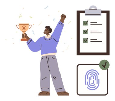 Kolunu kaldırmış bir kupa taşıyan kişi yeşil işaretli kontrol listesi onaylı parmak izi taraması. Başarı, başarı, hedefler, doğrulama, kimlik, motivasyon verimliliği için ideal