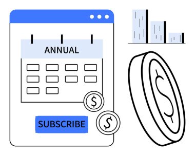 Yıllık abonelik, dolar paraları ve bar tablosu için işaretlenen takvim, parasal işlemleri, bütçeyi, tasarrufu, abonelik hizmetlerini, e-ticareti, karı ve basit bir dairedeki büyümeyi sembolize ediyor.