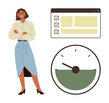 Kadın, kontrol listesi arayüzü ve hız göstergesinin yanında güvenle duruyor. Üretkenlik, görev yönetimi, planlama, organizasyon, liderlik, iş akışı, verimlilik için ideal. Basit düz metafor