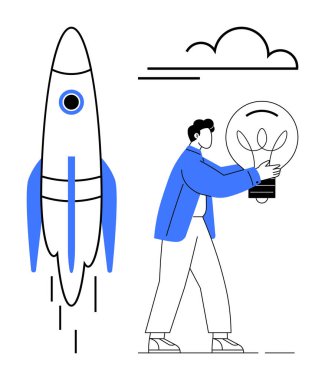 Roketin fırlatıldığı yerin yakınında ampul tutan adam yaratıcılığı, yeniliği ve ilerlemeyi simgeliyor. Başlangıç için ideal, iş, teknoloji, büyüme ilhamı yenilik başarısı. Modern düz metafor