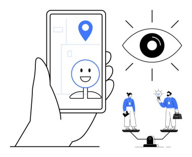 Harita iğnesi ve yüz tanıma ile el ele tutuşan akıllı telefon, büyük göz sembolü, iki insanın fikir paylaştığı denge ölçeği. Teknoloji, gizlilik, GPS, etik, yenilik, karar verme yapay zekası için ideal