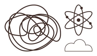 Üst üste binen kaotik çizgiler, elektronlarla biçimlendirilmiş atom ve en az bulut karmaşıklığı, bilimi ve düşünceleri çağrıştırıyor. Yaratıcılık, problem çözme, beyin fırtınası, öğrenme fikirleri bağlantıları için ideal