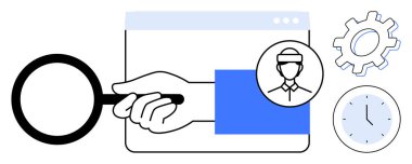 El ele tutuşan büyüteç, profil, dişli ve saat simgeleriyle birlikte web sayfası denetleme. Analiz için ideal, iş arama, kullanıcı araştırması, optimizasyon, zaman yönetimi çevrimiçi araçlar keşfi. Basit.