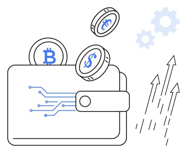 Elektronik devreli cüzdan, dijital paralar, büyümeyi gösteren oklar, teknolojiyi sembolize eden dişliler. Kripto para birimi, finans, engelleme zinciri, iş dünyası, dijital ekonomi, ticari fintech için ideal