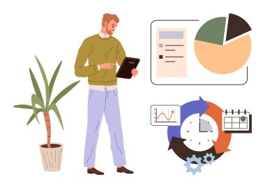 Tablet kullanan bir adam bilgi tablosu, görev çizelgesi ve saksı bitkisi kullanıyor. Üretkenlik, iş akışı, iş planlaması, zaman yönetimi, analitik, veri görselleştirme ve büyüme için ideal