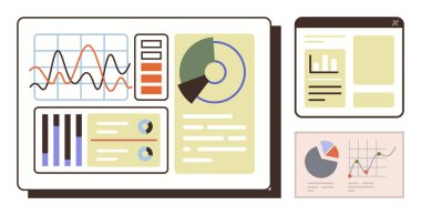 Çizelgeler, grafikler ve veri tablolarının yer aldığı etkileşimli gösterge paneli, içgörü ve eğilimleri gösteriyor. Analiz, raporlama, iş stratejisi, araştırma, sunum verimliliği için ideal basit düz