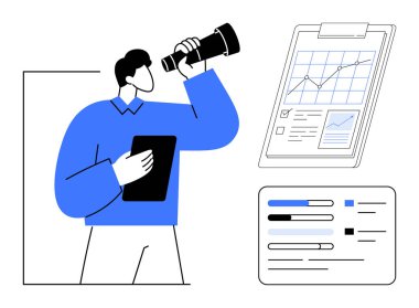 Raporların ve göstergelerin yanında iş eğilimlerini tablet ve teleskopla analiz eden bir adam. Strateji, analitik, yönetim, tahmin, planlama, verimlilik artışı için ideal. Basit düz metafor