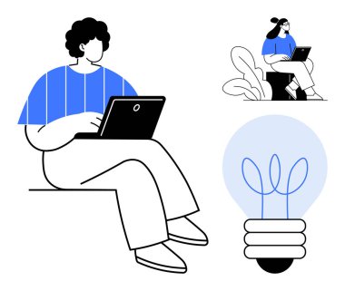 İnovasyon, fikir ve yaratıcılığı sembolize eden bir ampul eşliğinde dizüstü bilgisayar kullanan iki kişi. Teknoloji, uzaktan çalışma, eğitim, beyin fırtınası, yaratıcılık için ideal