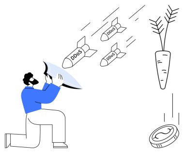 Havuç ve para sembolleri hedeflenen teşvikleri gösterirken, DDoS işaretli füzeleri engellemek için kalkan kullanan kişi. Siber güvenlik, koruma, tehdit yönetimi, dijital güvenlik ve risk için ideal