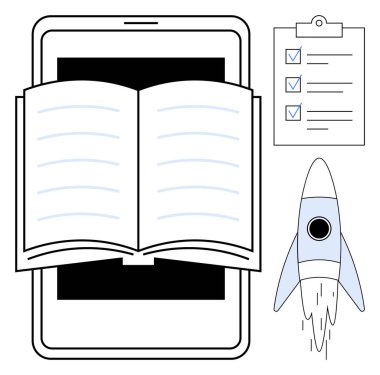 Tablet üzerine açık kitap, işaretli görevlerle kontrol listesi ve roket fırlatılıyor. Eğitim, e-öğrenme, yenilik, hedef başarısı, üretkenlik başlangıcı dijital ilerleme için idealdir. Basit düz