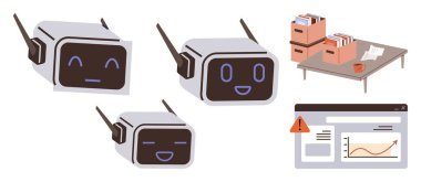 Değişik ifadeleri olan sohbet robotları, dosyalı organize masalar, hata uyarısı ve grafiği olan bilgisayar ekranları. Teknoloji, yapay zeka, veri yönetimi, iletişim, duygular, işyeri problem çözümü için ideal