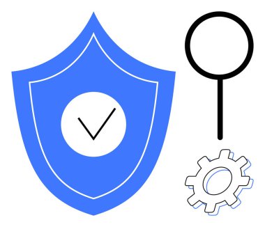 Güvenlik işaretli mavi kalkan, soruşturma için büyüteç ve işlevsellik için teçhizat. Siber güvenlik, veri koruması, teknoloji geliştirme, kalite kontrol, araştırma, sistem için ideal