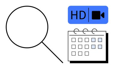 Arama için büyüteç, kaliteli yayın için HD video simgesi ve bir takvim. Etkinlik planlaması, web siteleri, programlama, video konferansı, dijital araçlar, çevrimiçi toplantılar için ideal