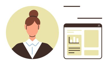 Dijital arayüzün yanındaki profesyonel kadın portresi veri görselleştirmesi ve düzenini gösteriyor. İş, analitik, kullanıcı profili, teknoloji, uzaktan çalışma, eğitim, kişisel markalaşma için ideal