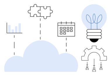 Bulut çubuk grafiğini, bulmaca parçalarını, takvimi, ampulü, dişli dağıtım görevlerini bağlar. Takım çalışması, yenilik, bulut teknolojisi stratejisi analitikleri üretkenlik planlamak için idealdir. Basit düz