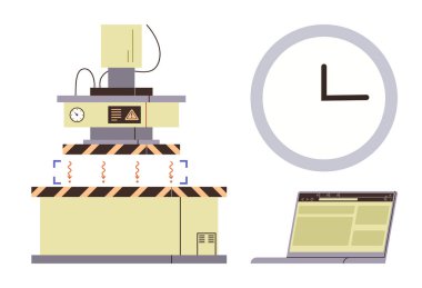 Endüstriyel makine uyarı ile enerji yayıyor, verileri gösteren dizüstü bilgisayar, zamanı belirten saat. Teknoloji, otomasyon, imalat, güvenlik, zaman yönetimi, süreç için ideal