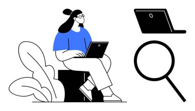 Dışarıda elinde dizüstü bilgisayarla oturan bir kadın, soyut bitkilerle çevrili, büyüteç ve dizüstü bilgisayar ikonu ile. Araştırma, teknoloji, eğitim, üretkenlik, keşif ve iş hayatı için ideal