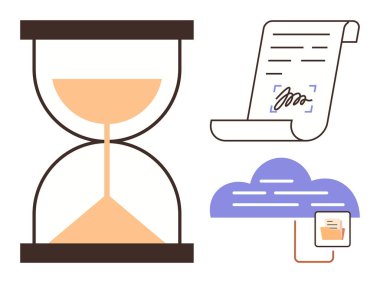 Saati simgeleyen kum saati, anlaşmaları temsil eden imzalı belge ve bulut depolama ikonu. Üretkenlik, organizasyon, dijital dönüşüm, iş akışı, verimlilik, yasal süreçler için ideal