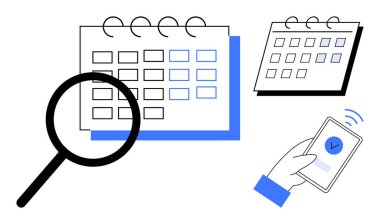 Büyüteç, analiz takvimi, kontrol işaretli el ele tutuşmalar. Program, zaman yönetimi, randevu, etkinlik planlaması, görev kontrolü, verimlilik dijital araçları için ideal. Basit.
