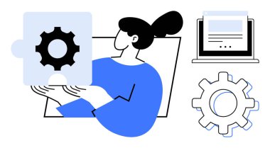 Bir kadın bulmaca parçası tutuyor, problem çözmeyi ve yeniliği simgeliyor. Dizüstü bilgisayar ve teçhizat gelişimi vurguluyor. Takım çalışması, planlama, yaratıcılık, eğitim ve strateji için ideal